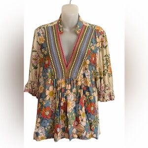Bl^nk London x Anthropologie STEPHANIE Large Yellow Blue Floral V-Neck Top